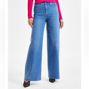 NWT &90 INV Women's Blue Wide-Leg Jeans with Crystal Embellishments